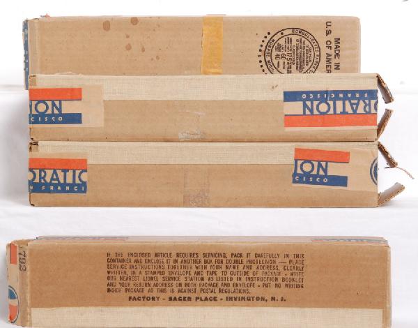 Mint Lionel No. 792, 793, 793, 794 Rail Chief cars: Prewar Lionel O gauge No. 792 Rail Chief combine, 793 Rail Chief coach, 793 Rail Chief coach, 794 Rail Chief observation, passenger car original boxes. 794 has strip of very old masking tape. Boxes ha