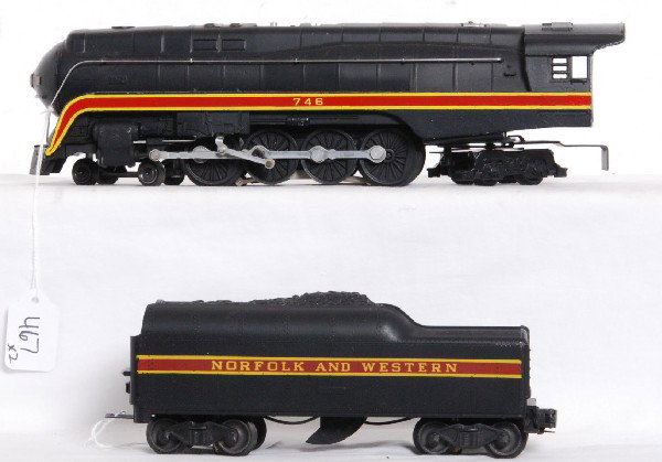 Lionel No. 746 N&W J with long stripe tender: Postwar Lionel O gauge No. 746 Norfolk and Western J class stream lined steam locomotive with 746W long stripe whistle tender. Both show little run time, C8.