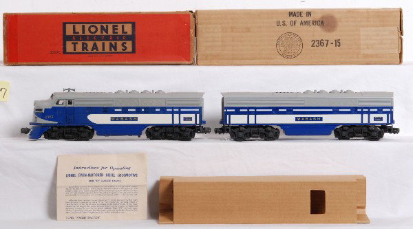 Lionel No. 2367P & C Wabash F3s in OB: Postwar Lionel O gauge No. 2367P and No. 2367C Wabash F3 diesel A-B units in original boxes. Trains are exceptionally clean with nice bright color, C8. Powered unit box has a half-dollar sized stain o
