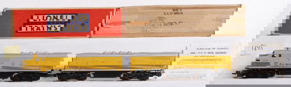 Lionel No. 2379 Rio Grande F3 A-B units in OB: Postwar Lionel O gauge No. 2379P and No. 2379C Denver and Rio Grande F3 diesel A-B units in original boxes with instructions sheet and inspection slip. Trains look C8. Boxes show light wear, B unit is