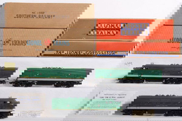 Lionel No. 2356 So. Ry. F3 in MC and 2356C in OB: Postwar Lionel O gauge No. 2356 Southern Railway EMD F3 twin diesel A units in master carton with inner boxes. 2356C Southern Railway B unit in OB. Trains are spectacular C8+. Master carton has very s