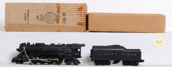 Lionel No. 736 in OB w/insert, 2671W tender: Postwar O gauge Lionel No. 736 in OB w/insert, 2671W tender, C6-7. OB has old clear tape, C7-8.