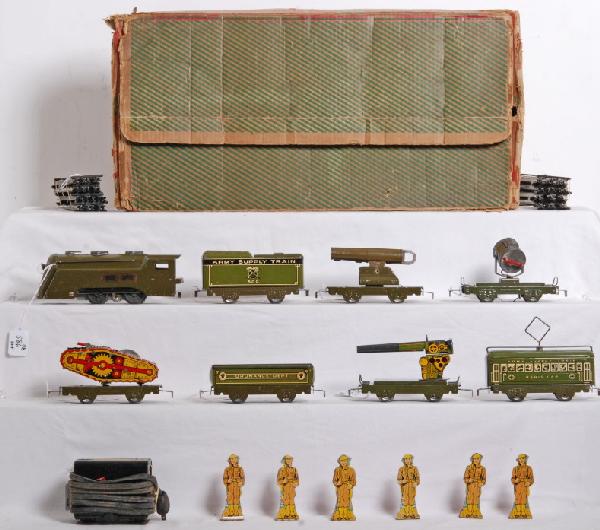 Marx U.S. Army Supply Train with depot original bo: Marx prewar O gauge U.S. Army Supply Train with depot play set type original box with electric olive drab green New York Central stream line steam locomotive with AST No. 500 lithographed tinplate ten