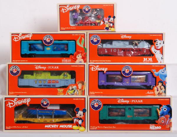 7 Lionel Disney animated cars: Lionel Disney animated cars in OBs. Includes 18476 Mickey and Minnie hand car, 36720 Aladdin aquarium, 36745 Toy Story, 36781 Finding Nemo aquarium, 36745 Toy Story gondola, 26049 Speedboat Willie fla