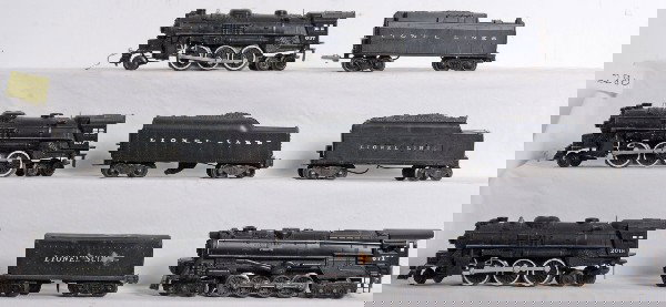 Lionel 671, 637, 637, 2018, 2466WX, 2046W-50, 2 mo: Postwar Lionel O gauge No. 671 steam loco, two 637 steam locos, 2018 steam loco, 2466WX tender with whistle, 2046W-50 tender, Lionel Scout tinplate eight wheel tender and an unnumbered tender with whi