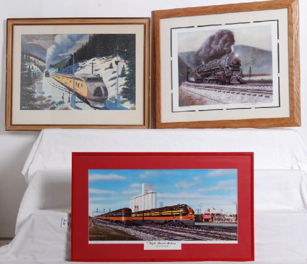 3 framed railroad prints, IC, PRR, UP: Three framed railroad prints. 23 x 13.5 ÒHigh Speed MotionÓ hand signed and numbered. 22.5 x 18.25 ÒPower on the CurveÓ by David Mittner, hand signed. 21.5 x 17 Howard Fogg Union Pacific M10000 pr