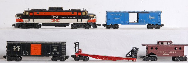 Lionel 2350 NH EP-5, 6477, 6464-425, 3424, 6427: Postwar Lionel O gauge No. 2350 New Haven EP-5 electric locomotive with white N nose decal with one cracked nose, corrosion on frame. 6477 bulkhead flatcar missing truck assembly and broken bulkhead, 