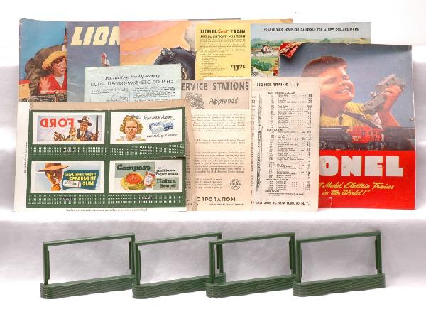 Lionel Catalogs 1946 1947 1948 1949 1952: Lionel postwar catalogs; 1946,1947, 1948, 1949 and 1952 missing cover. Also included is four billboard frames, one sheet of billboards, instruction sheet for electro-magnetic couplers and Lionel Servi