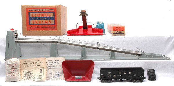 Lionel 456 Ramp 3456 Hopper OB 397 Loader Boxed: Lionel postwar 456 coal ramp with 3456 operating hopper in individual OB, bin and instruction sheet. Coal ramp has one broken string and is C6. The hopper car is C7. The hopper OB has all flaps attach