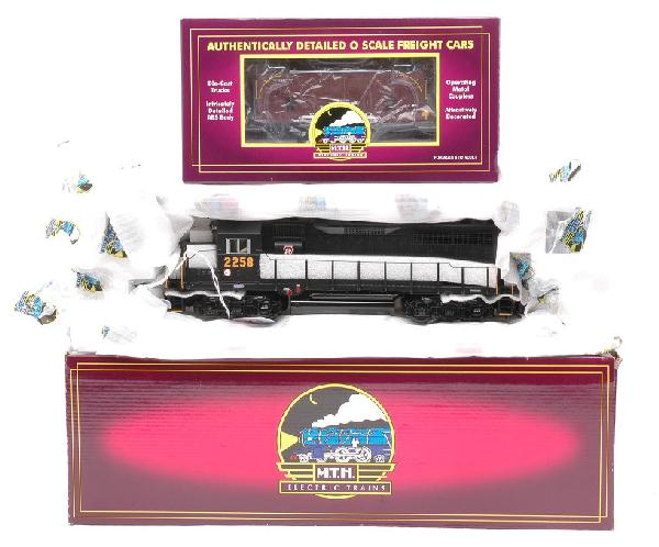 MTH Pennsy 20-2889-1 LN Boxed 20-91123 MIB: MTH Pennsylvania 20-2899-1 GP-35 diesel engine No. 2258 with Proto-Sound 2.0 and Hi-Rail wheels and 20-91123 Pennsylvania N-6b caboose in OBs. Loco is C8. Caboose is C9-10.
