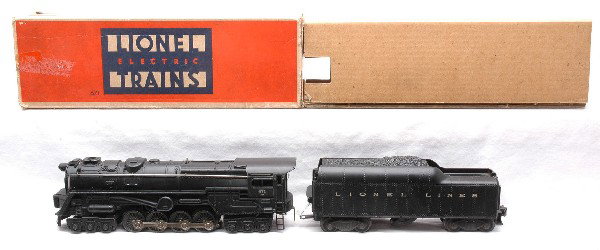 Lionel 671RR Loco LN Boxed with 2046W-50 Tender: Lionel postwar 671RR steam 6-8-6 locomotive with 2046W-50 tender. The loco has an OB which is missing all flaps on one end and original cardboard insert. Loco is C8. Tender is C7.