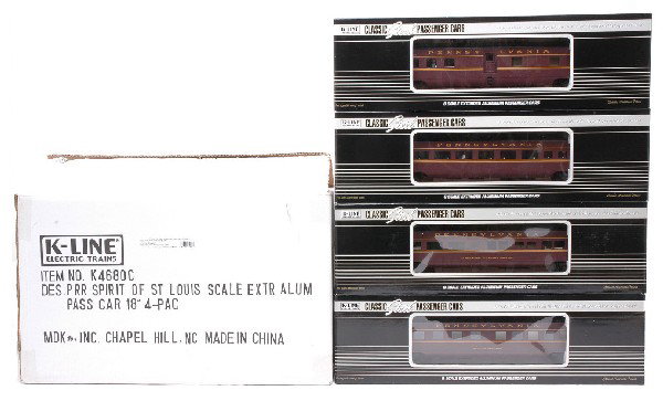 K-Line K4680C PRR Spirit of St. Louis Set LN OB: K-Line K4680C classic steel aluminum PRR Spirit of St. Louis four set passenger cars in individual OBs and outer shipping carton including; K4680-34620 diner #4620, K4680-38060 City of Reading Pullman