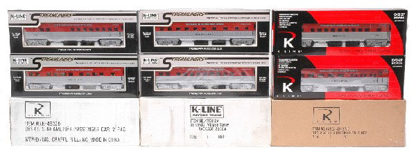 K-Line Golden State six Passenger Cars MINT Boxed: K-Line Golden State L4532-0346 Golden Lyre coach, K4532-04271C streamliner Diner, K4532-6015 baggage/passenger car, K4532-3368 Imperial Terrace, K4532-0214 Golden Moon and Golden Divan in OBs with thr