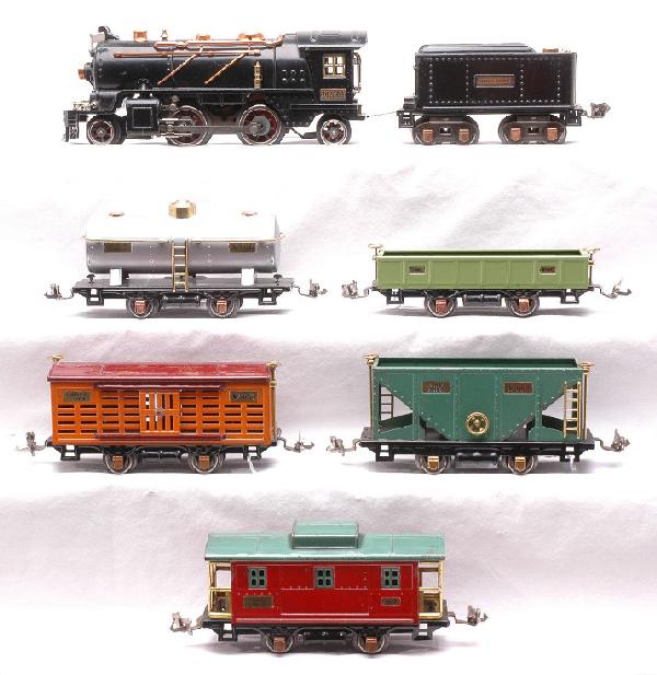Lionel Set no. 233 262 262T 902 803 804 806 807: Lionel prewar O gauge freight set no. 233 containing; 262 black 2-4-2 steam loco and 262T tender with copper journals, 902 apple green gondola, 803 peacock hopper, 804 silver tank, 806 orange cattle c
