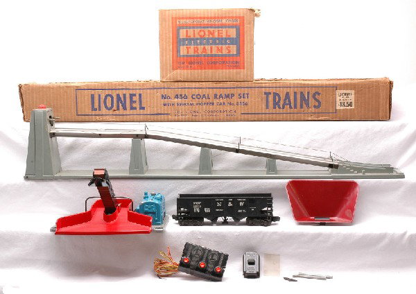Lionel 456 Coal Ramp Set 397 Coal Loader OBs: Lionel postwar 456 coal ramp set with 3456 Norfolk & Western hopper car, 456C controller in OB. The ramp has a broken string on one side, otherwise C6. One end of the hopper has a piece broken off, bu