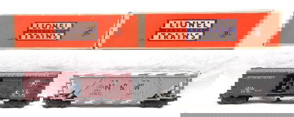 Lionel 3484 Operating Boxcar 6446 N&W Cement OBs: Lionel postwar 3484 Pennsylvania operating boxcar and a 6446 Norfolk and Western gray cement car with black lettering both in OBs. Cars are C8. The OBs have all flaps attached, except for the 3484 is