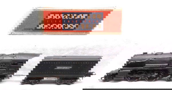 Lionel 258 Steam Loco and 2689W Tender LN: Lionel prewar O gauge 258 black 2-4-2 steam loco and 2689W tender in worn OB. The loco is C7-8 and the tender is C8.