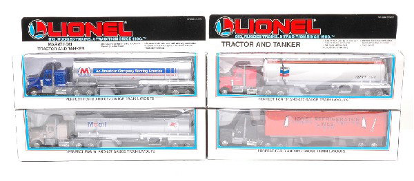 Lionel 12777 12808 12869 12891 TractorTankers MIB: Lionel 12777 Lionel tractor and tanker, 12808 Mobile tractor and tanker, 12869 Marathon tractor and tanker and a 12891 Lionel Lines refrigerator tractor and trailer all in OBs, C10.