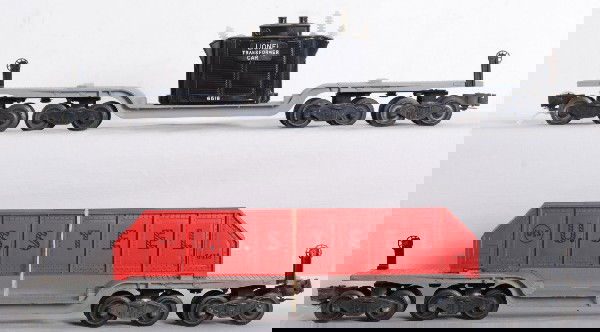 Lionel 6418 and 6518 depressed center flatcars w/lo: Postwar Lionel O gauge No. 6148 depressed center flatcar with two bridge girders and 6518 depressed center transformer car with one missing insulator, cars should clean C6-7.