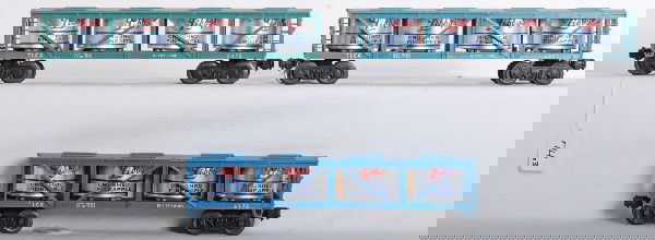 Three Lionel No. 6475 LibbyÕs Crushed Pineapple car: Three postwar Lionel O gauge No. 6475 LibbyÕs Crushed Pineapple vat cars. One is missing three steps, one is missing one step and has cracked shell. Cars have light surface rust on some frames and wh