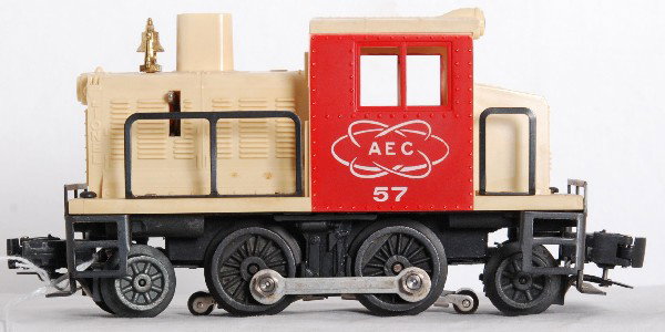Lionel No. 57 AEC diesel switcher: Postwar O gauge Lionel No. 57 AEC diesel switcher, unrun with some tiny spots of light surface rust, C7. Train might clean to look better.