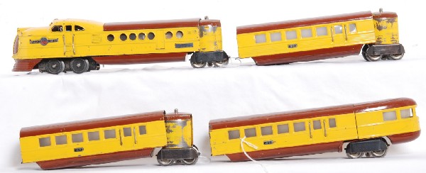 Lionel No. 636-W Union Pacific chocolate brown: Prewar Lionel O gauge streamline articulated Union Pacific diesel passenger train in chocolate brown, with whistle. Train consists of: 636W power unit, two 637 coaches and a 638 observation car. Train