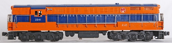 Glossy shell Lionel No. 2341 Jersey Central FM: Postwar O gauge glossy shell Lionel No. 2341 Jersey Central Fairbanks Morse Trainmaster diesel locomotive, typical hairlines at screws. Light surface rust and flaking on walk boards. Perfectly clean b
