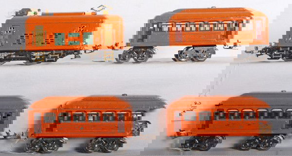 Lionel No. 248, 603, 603 and 604 passenger train: Prewar O gauge Lionel No. 248 boxcab electric locomotive with two 603 Pullman coaches and a 604 observation car. Cars have touchups, one 603 has a miss-matched coupler and loco has been re-wheeled. Tr