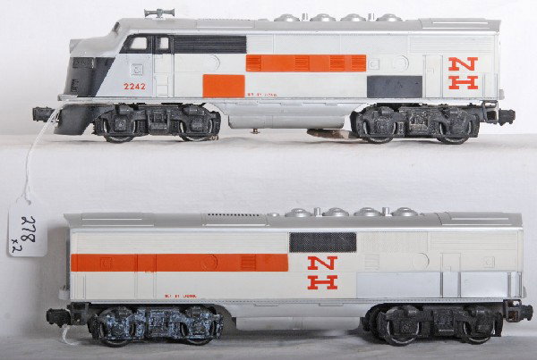 Lionel No. 2242 New Haven F3 diesel A-B units: Postwar O gauge Lionel No. 2242 New Haven F3 diesel A-B units, C8+. Perfectly clean battery compartment.