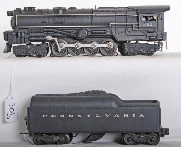 Lionel No. 682 loco and 2046W-50 tender w/whistle: Postwar O gauge No. 682 steam loco and 2046W-50 Pennsylvania tender with whistle, loco looks C7-8, tender looks C8+.