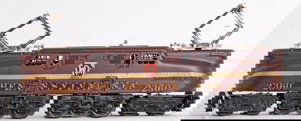 Lionel No. 2360 PRR GG-1 decaled lettering: Postwar O gauge Lionel No. 2360 Pennsylvania GG-1 solid stripe Tuscan electric loco with decaled lettering. Tiny bit of very light surface rust on ladders/pantographs, clean C8.