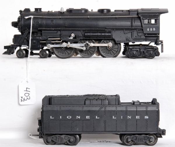 Lionel No. 685 steam locomotive and 6026W tender: Postwar O gauge No. 685 steam locomotive and 6026W tender with whistle. Loco and tender should clean and polish to look great C7 area.