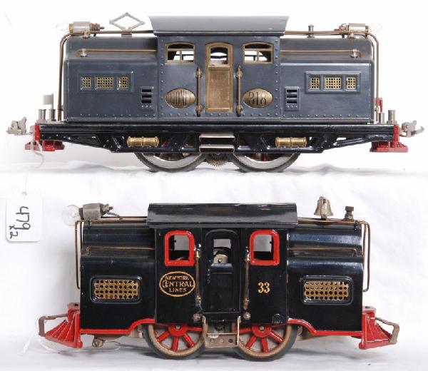 Repainted Lionel No. 33 and No. 318 electric locos: Nicely repainted prewar standard gauge Lionel No. 33 New York Central Lines and No. 318, center cab electric locomotives. Trains look C7 area. 33 has a broken wheel flange, 318 has a replaced pickup r