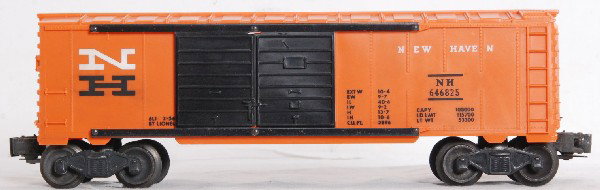 Lionel 6468-25 New Haven boxcar white N: Tougher postwar O gauge Lionel No. 6468-25 New Haven double door boxcar with half serif white N over black H. Car looks C8+.