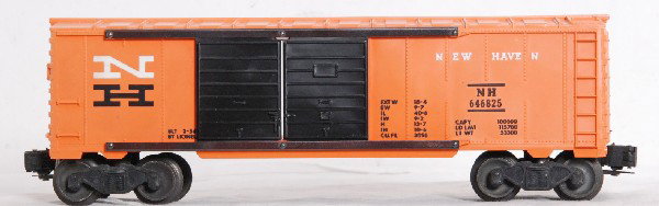 Lionel 6468-25 New Haven boxcar white N: Tough postwar O gauge Lionel No. 6468-25 New Haven double door boxcar with half serif white N over black H. Car looks faded C7.