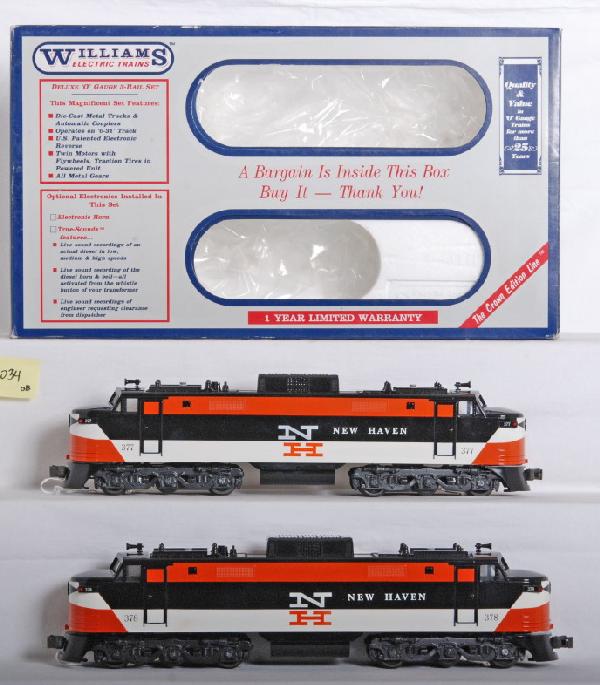 Williams New Haven EP5 A-A set with sound: Williams O Gauge New Haven EP-5 set in OBs. Powered unit has dual motors, electronic reverse and more. Dummy unit is equipped with sound. Set number is EP200S. Pantographs are included in OB. Locos ar