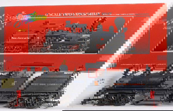Bachmann two truck Shay with sound: Bachmann Spectrum G Scale two truck Shay steam locomotive in OB. Loco is catalog number 81197 and is lettered for West Side Lumber . Loco has sound, smoke, detailed cab and much more. Loco is C8-9 wit