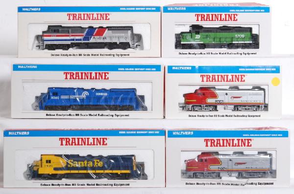 6 Walthers HO locos Amtrak, CR, Santa Fe, BN: Walthers HO Scale Trainline Locomotives in OBs. Locos includes 931-152 Amtrak Dash-8, Conrail Dash-8, 931-176 Santa Fe Dash-8, 931-101 Burlington Northern GP-9, 931-208 and 931-207 Alco FA-1Õs. Locos