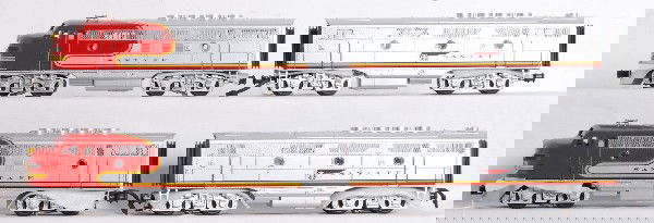 MTH Santa Fe A-B-B-A with Proto / Powered B: MTH O Gauge Santa Fe F3 A-B-B-A set in OBs. A units are MT-2151LP, unpowered B is MT-2151B and powered B is 20-2151-4. A units feature Protosound and more. Units are high C8-9 with very little run tim