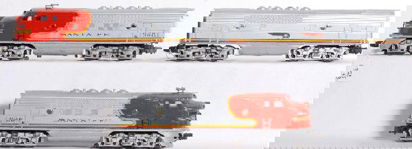 Lionel No. 2343 Santa Fe A-B-A diesels: Postwar O gauge Lionel No. 2434P Santa Fe powered diesel A unit, No. 2343C Santa Fe dummy diesel B unit and No. 2343T dummy A unit. Trains have original and reproduction porthole lens and screened roo