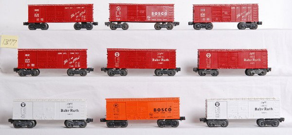 Sixteen variations of Lionel 6014 and X6014 boxca: Sixteen variations of postwar O gauge Lionel No. 6014 and No. X6014 boxcars. Four 6014 PRR Bosco cars, two white, orange and red. Three 6014 Frisco, red. Five 6014 Frisco, white. Two X6014 PRR Baby Ru