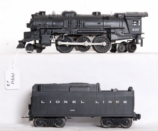Lionel No. 637 steam loco w/234W tender: Postwar O gauge Lionel No. 637 steam locomotive with No. 234W Lionel Lines tender with whistle. Trains have some light surface rust, otherwise should clean nicer C7 area.