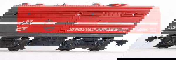 Unrun Lionel No. 229 M&St.L F3 diesel B unit: Postwar O gauge Lionel No. 229 Minneapolis and St. Louis EMD diesel F3 B unit. Train should clean and polish to look unrun C8 area.
