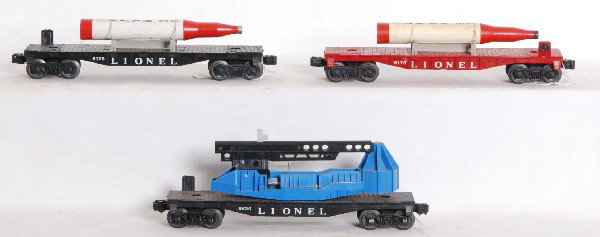 Lionel No. 6175, 6175 and 6630: Postwar O gauge Lionel No. 6175 flatcar with rocket, red and black variations and 6630 missile launching car. Trains look unrun C6-7.
