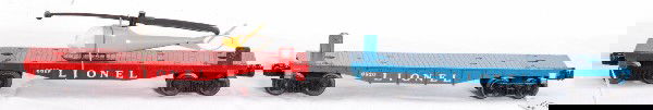 Lionel 6819 and 6820 flat cars: Lionel Postwar O Gauge 6819 flatcar with correct original helicopter, unrun, C9. 6820 flatcar only. C7