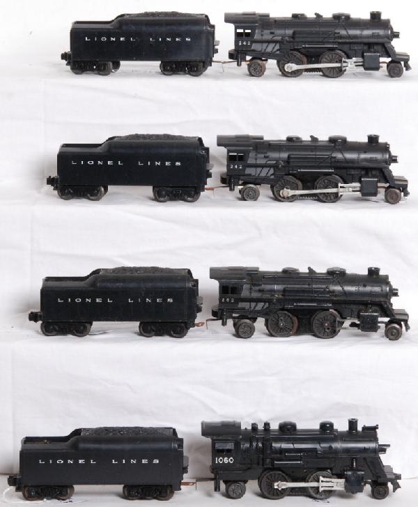 4 Lionel Postwar 242 and 1060 locos and tenders: Lionel Postwar O Gauge 242, 1060, 242, 242 steam locos with four tenders, broken marker lights, one broken step, C5-6.