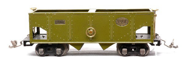 Lionel 816 Olive Green Coal Car w/Brass Trim LN: Lionel prewar O gauge 816 olive green coal car with brass trim and nickel journals. The car is C8.