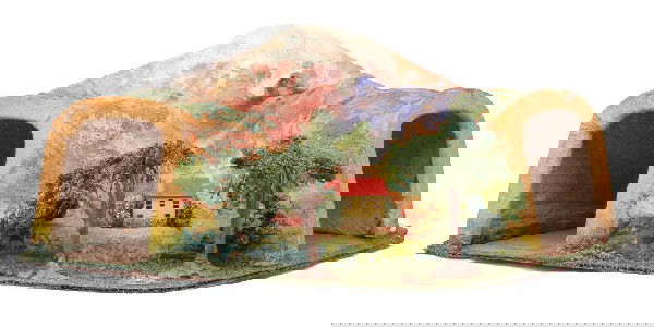 Lionel 123 Tunnel w/90-Degree Curve & House LN: Lionel prewar O gauge 123 tunnel with 90-degree curve, trees, shrubs and a house. There is one tree and shrub missing on the base of the tunnel. The colors on the tunnel are very bright and vibrant, C