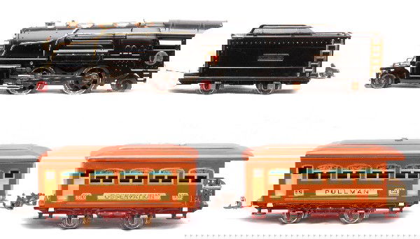 Lionel Terra Cotta Passenger Set no. 178: Lionel prewar O gauge terra cotta passenger set no. 178, circa 1932 containing; 259E black 2-4-2 loco with a 259T tender, 529 Pullman and 530 observation. The loco has brass and copper trim, tender ha