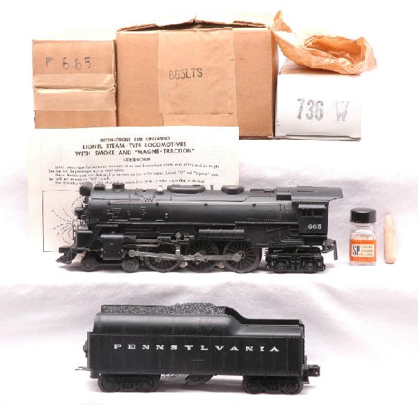 Lionel 665 Loco w/736W Pennsylvania Tender OBs: Lionel postwar 665 black 4-6-4 loco and a 736W Pennsylvania streamlined tender in individual OBs and master carton marked 665LTS with instruction sheet, original wrap, bottle of smoke pellets and tamp